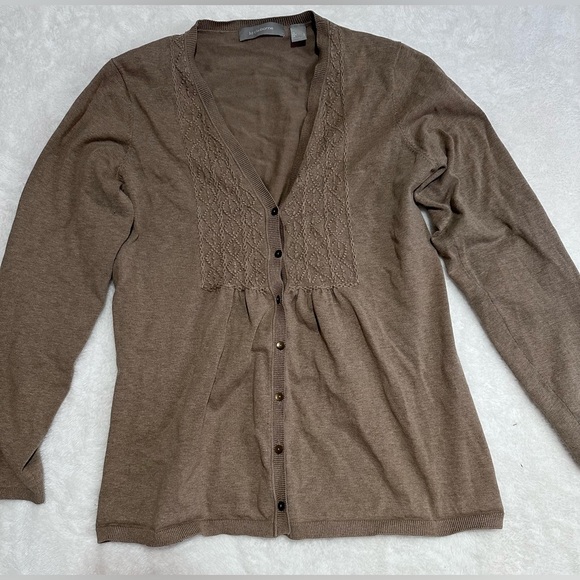 Liz Claiborne Sweaters - Liz Claiborne Brown Taupe Cardigan Embroidered V Neck Button Front Size Large